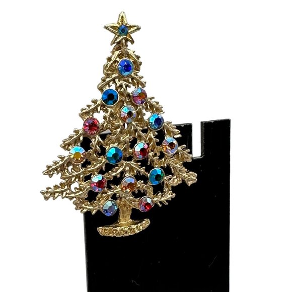 Christmas Tree Brooch Silver Tone Multicolor Rhinestones Jewelry Costume Fashion - Picture 3 of 12